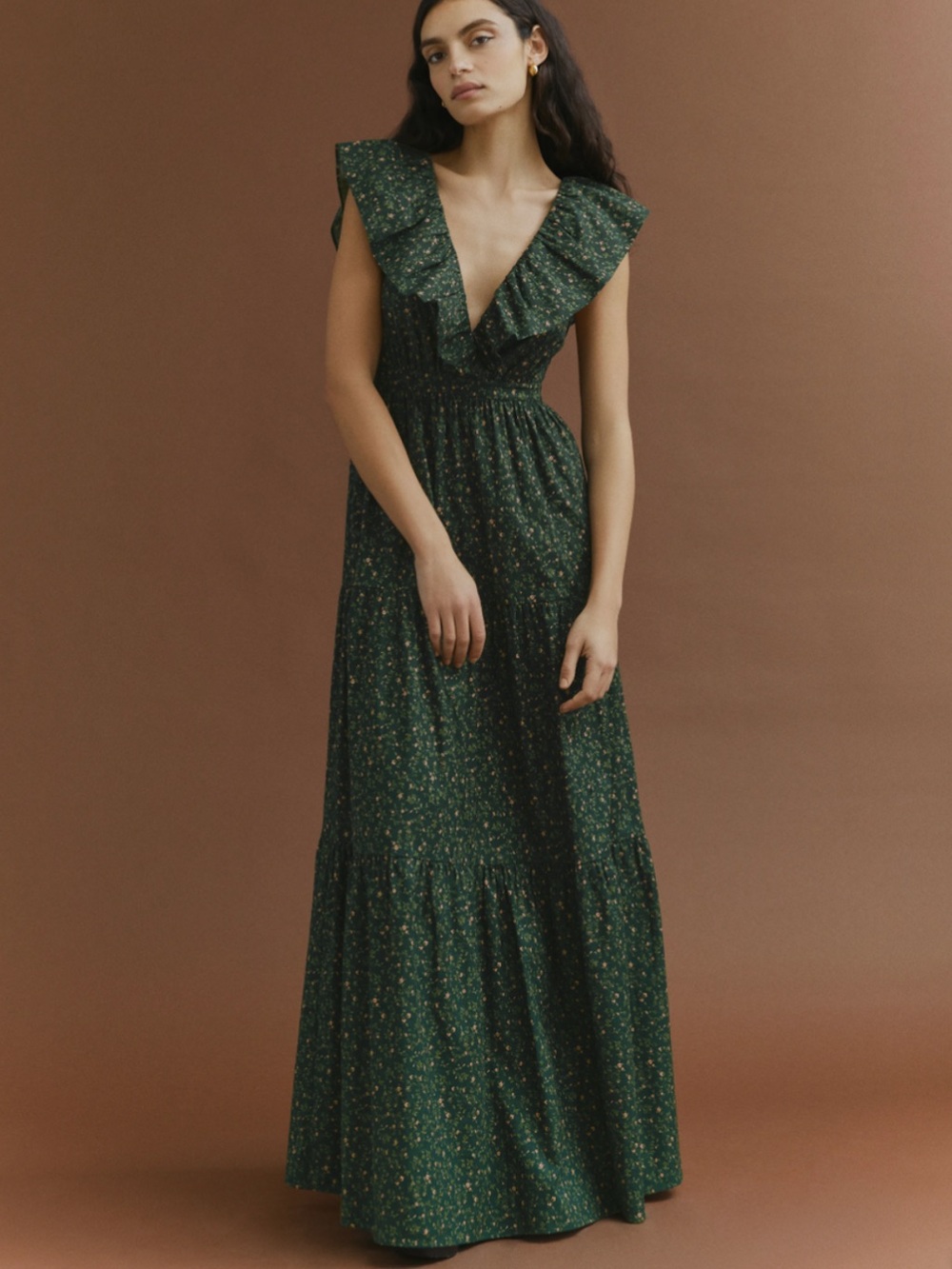 Reformation Forest Green Floral Ruffle Maxi Dress